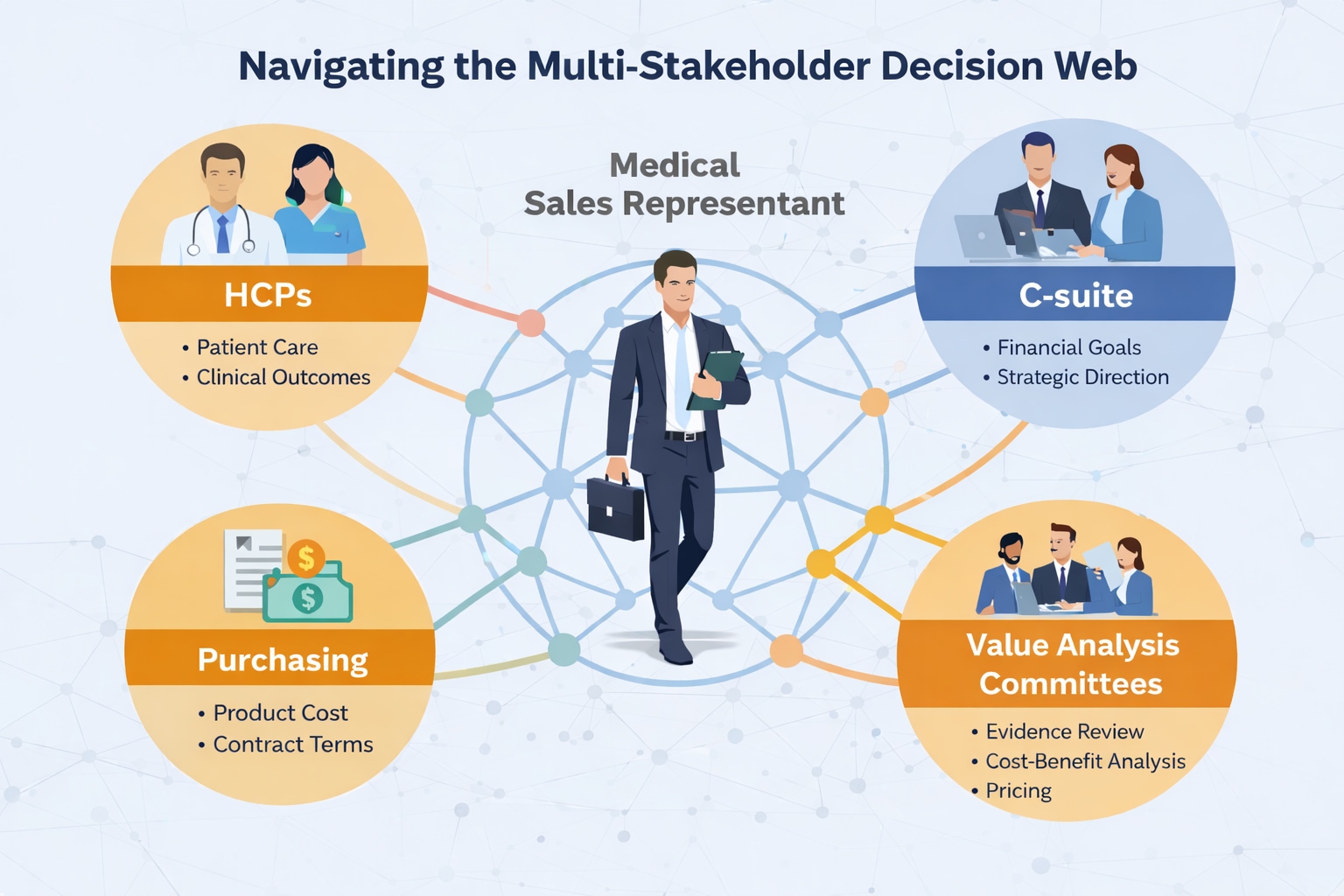 Medical sales infographic showing multi-stakeholder decision web