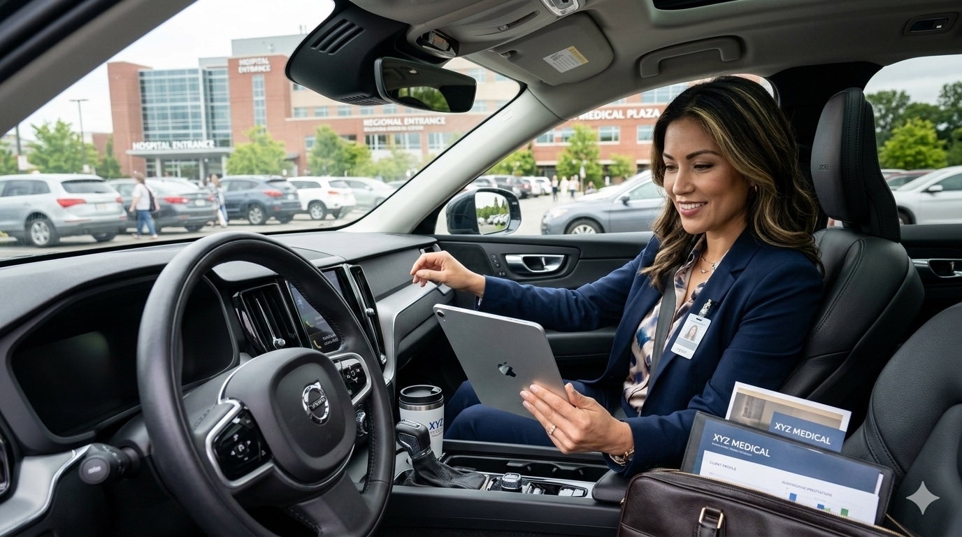 Female medical sales rep preparing for a sales call