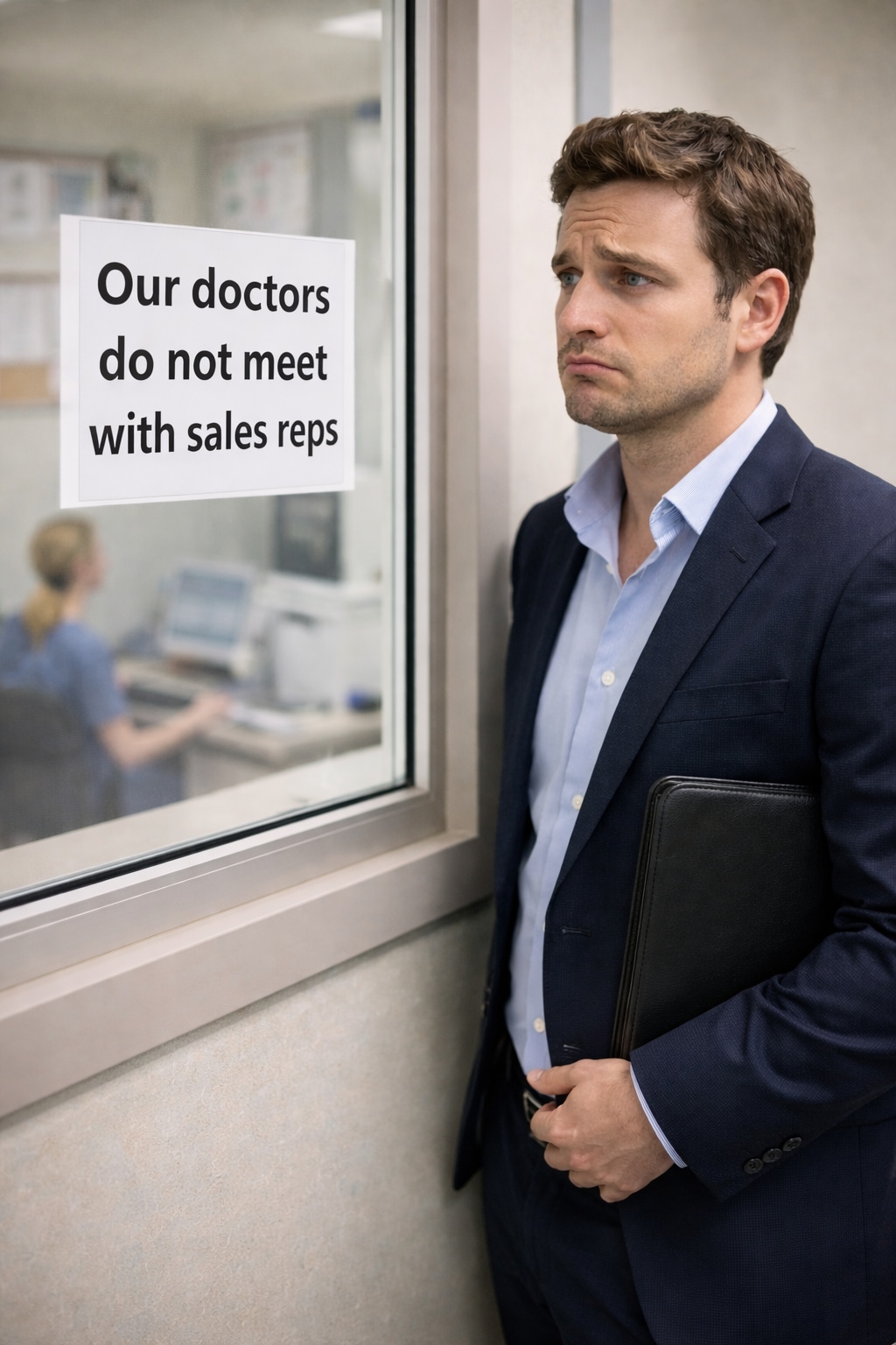 Medical sales representative standing at a doctor's office reception window reading a no reps sign
