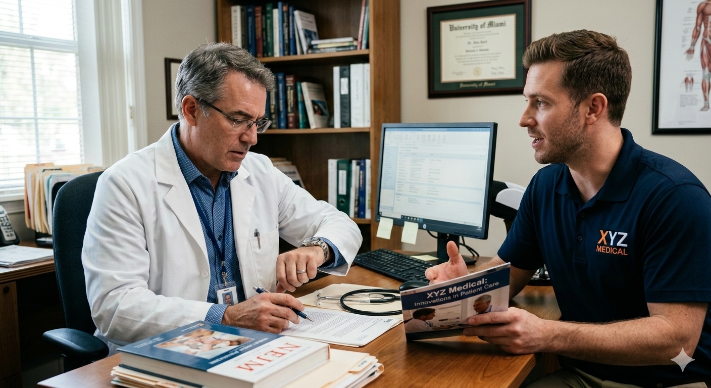 Male medical rep talking to a doctor checking their watch