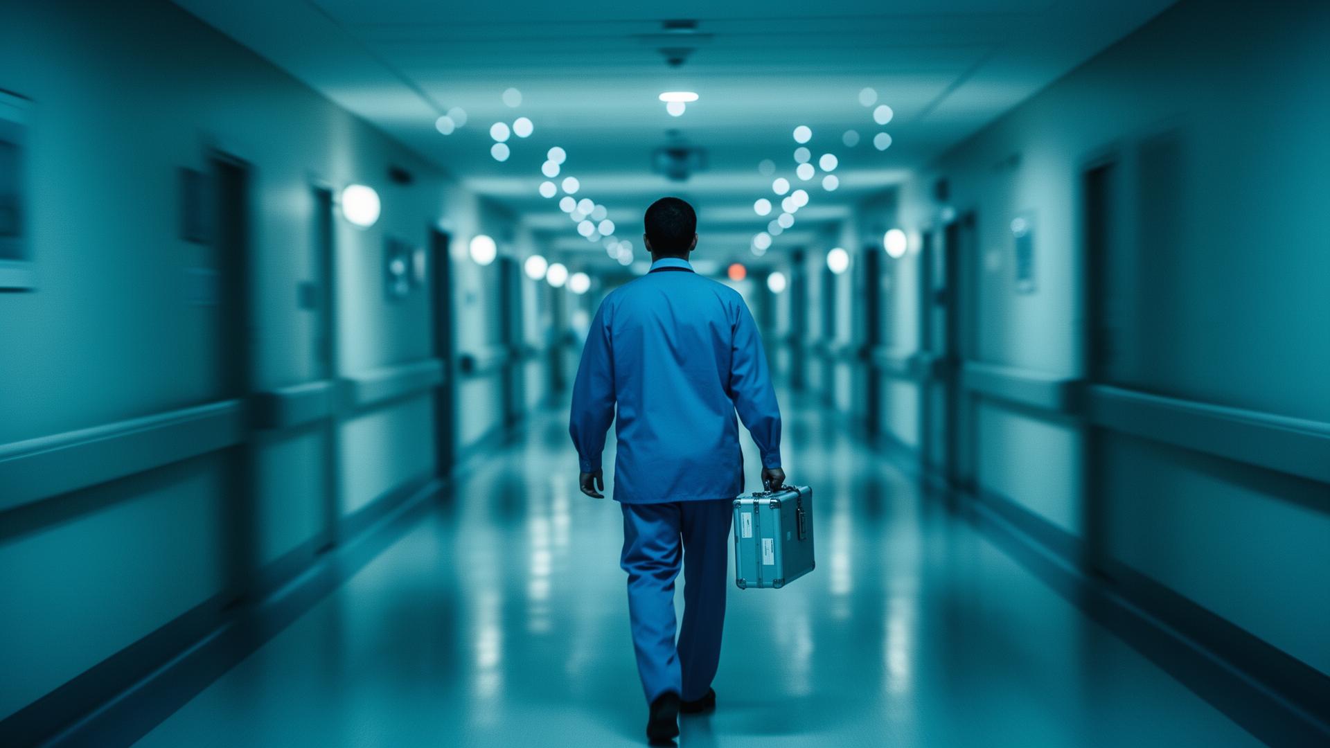 Medical sales rep walking down a hospital corridor